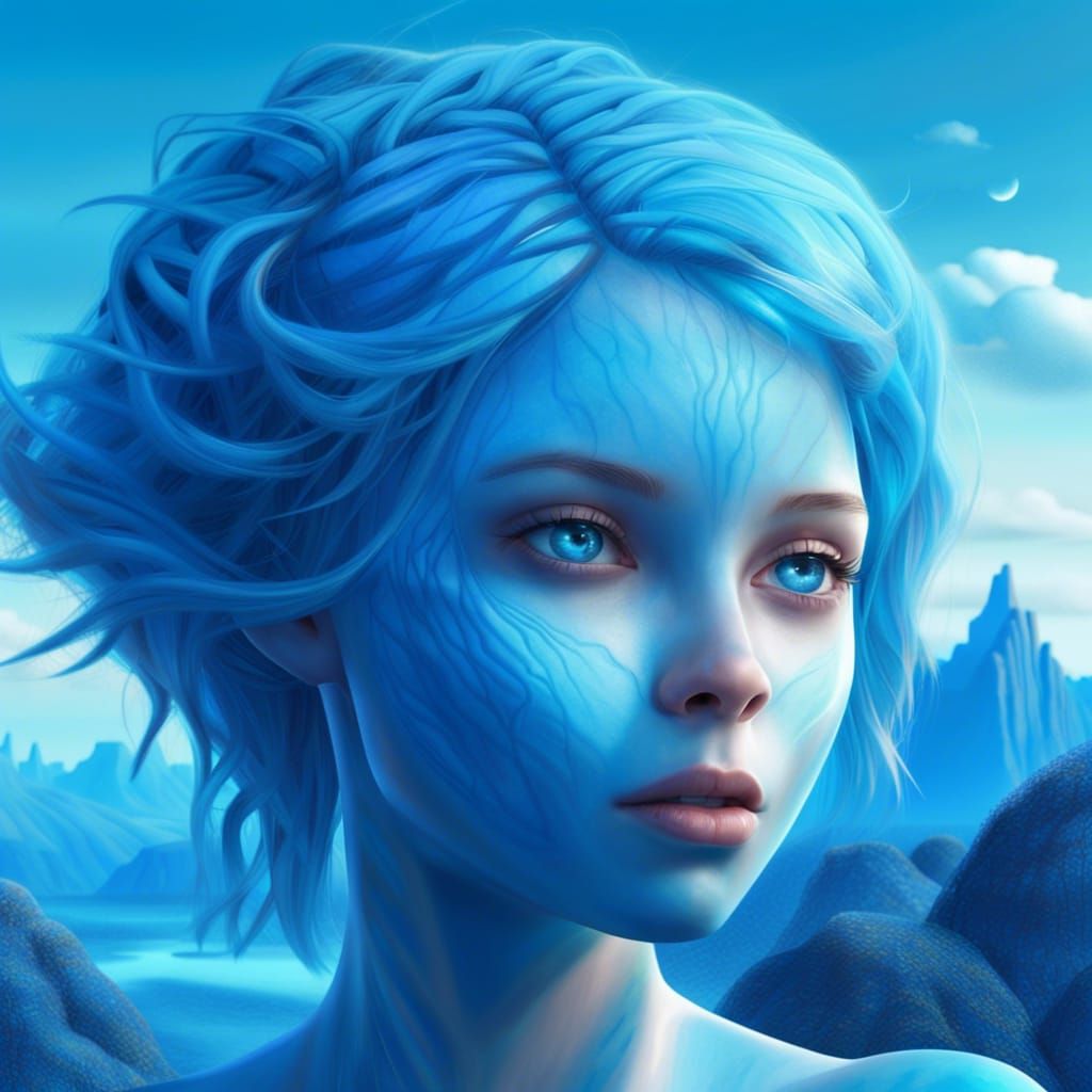 Blue Alien Girl on Azure Planet in Photorealistic Style