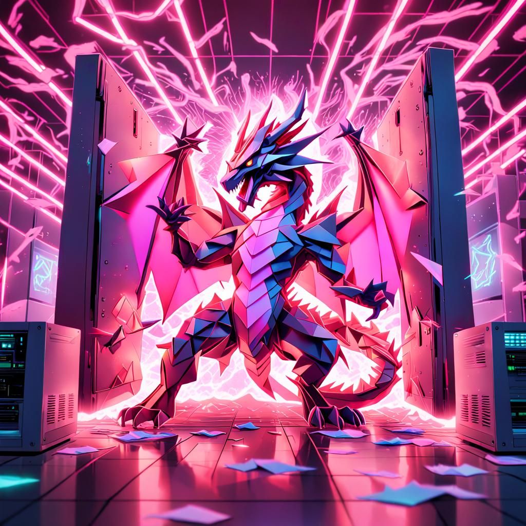 Origami Dragon Defends Server Room in Anime Style