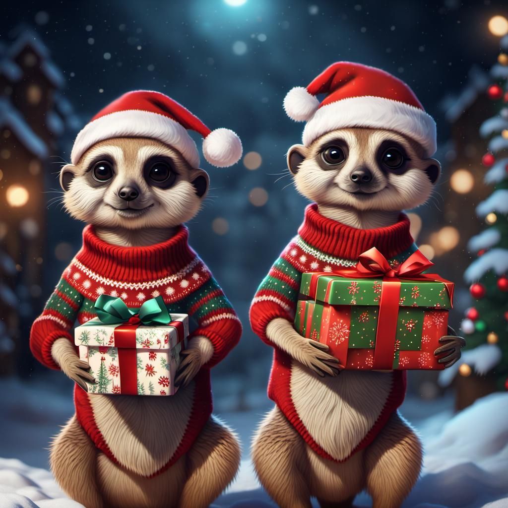 two furry super cute meerkats wearing christmas sweaters and...