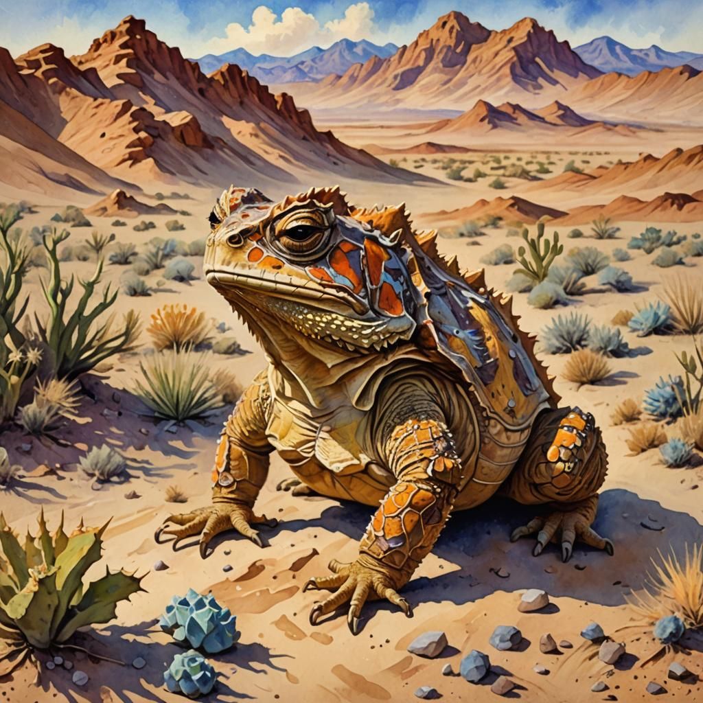 Horned Toad in Desert: Gouache Watercolor Impression