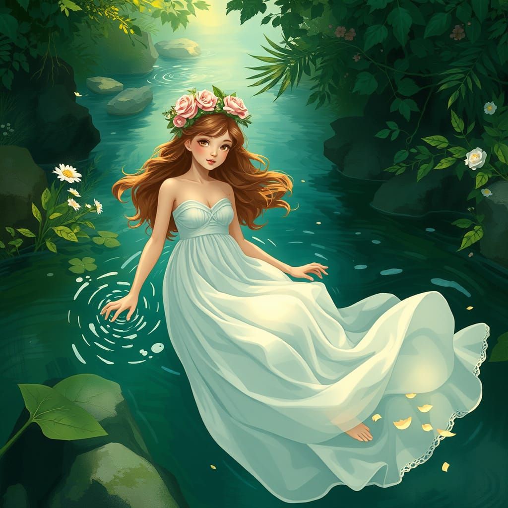 Maiden Swimming in River, Alphonse Mucha Style