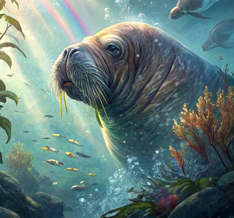 Majestic Walrus Emerges from Kelp Forest in Vibrant Oil Pain...