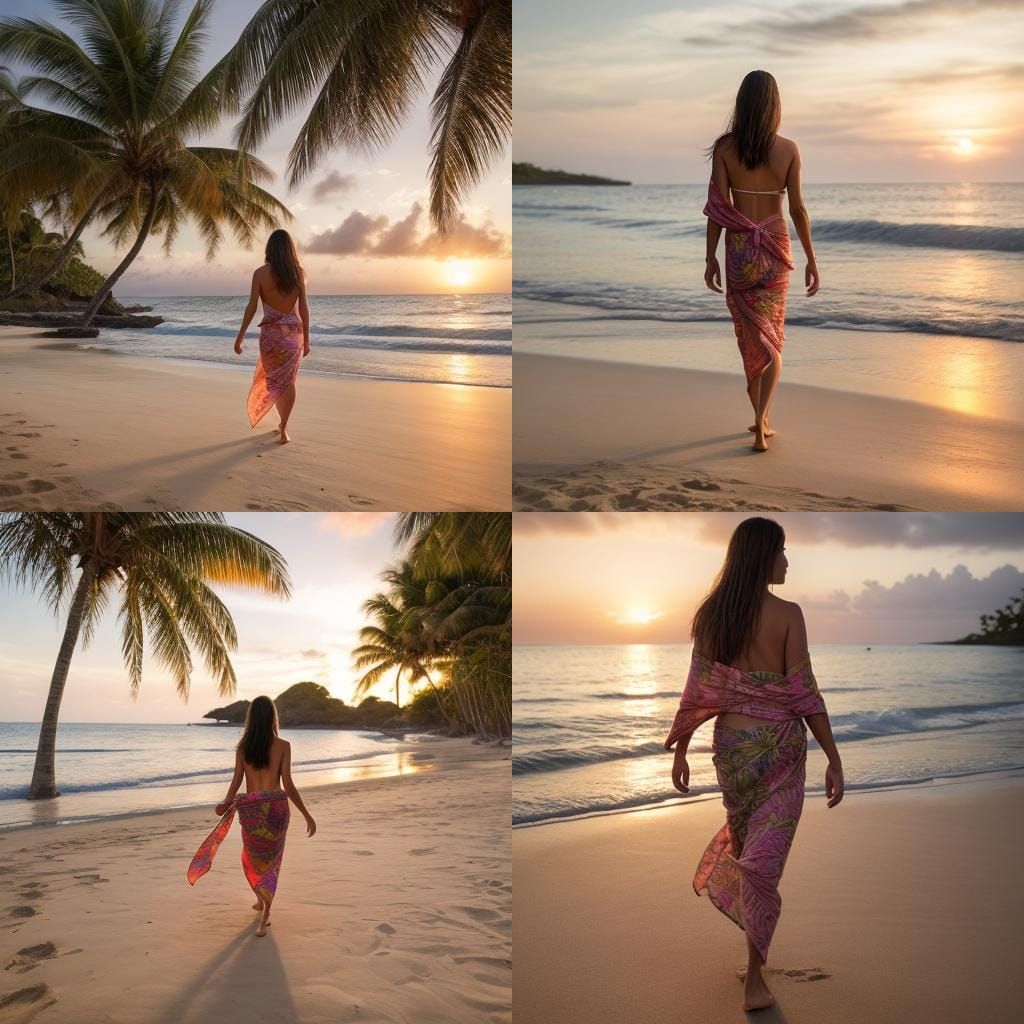 Island Sunset: Woman on Beach in Photo-Realistic Style