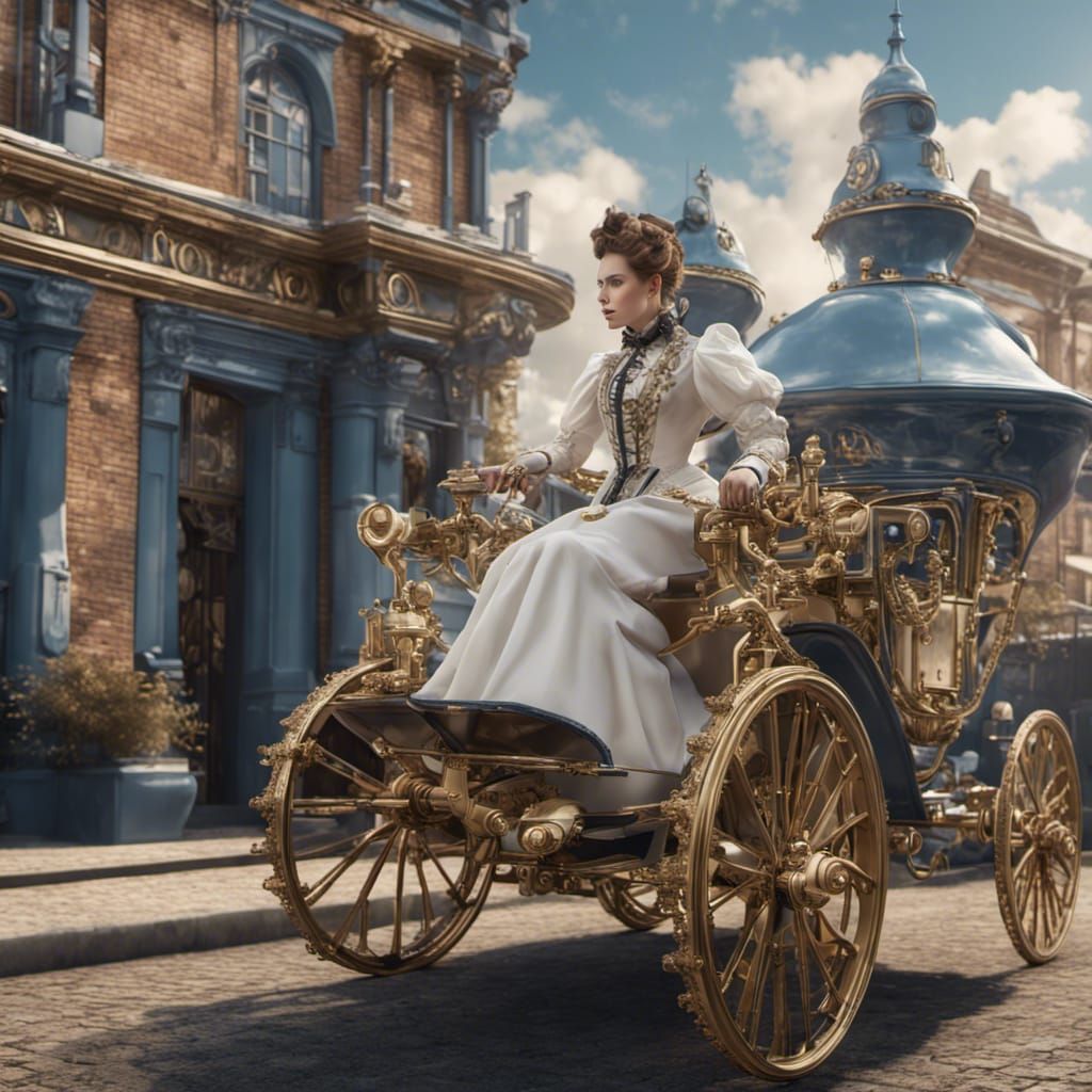 Victorian Woman and Royal Steam Carriage in Sci-Fi Style