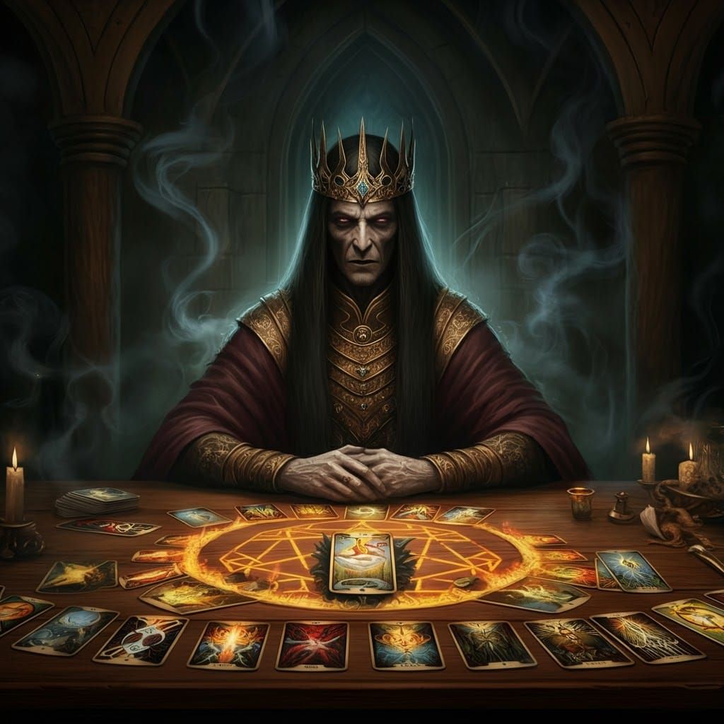 Mystical Tarot Reader in a Shadowy Realm