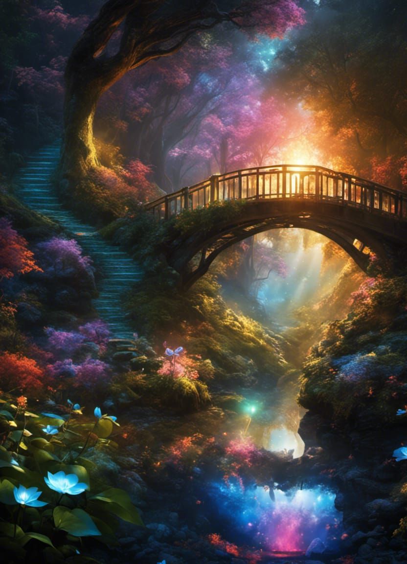 Fantasy Landscape with Dragon and Crystal Bridge