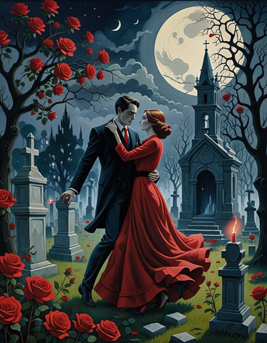 Spectral Lovers Dance in Moonlit Cemetery