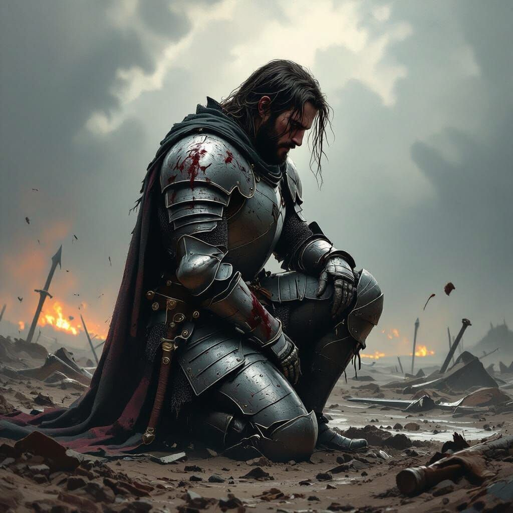 Injured Knight Kneels on Battlefield
