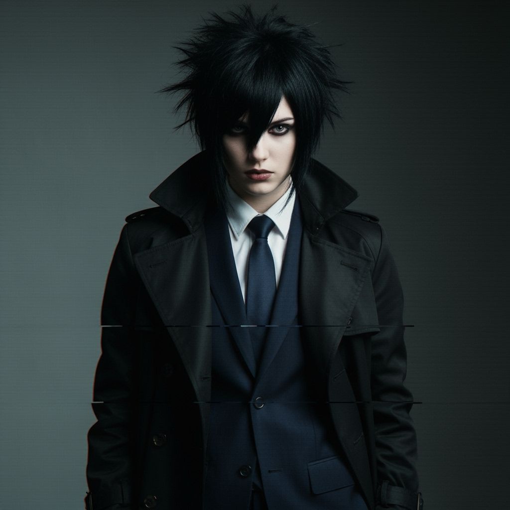 Emo Scene Girl in Glitching Photo with Dark Trench Coat