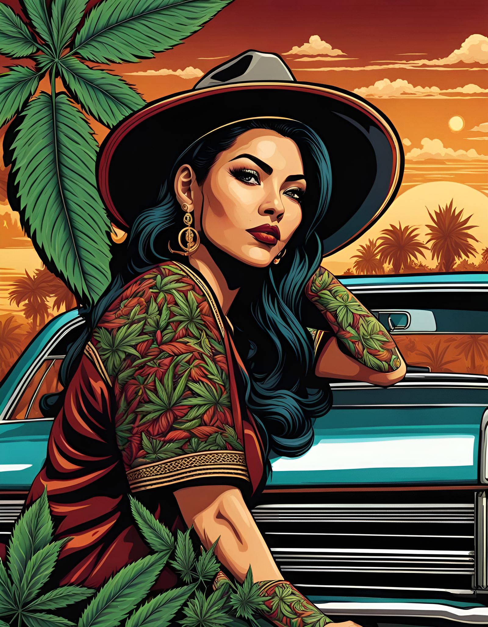 Mexican Chola on Lowrider: Detailed Digital Art