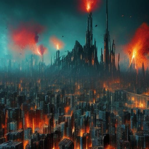 Dystopian City Erupts: Glitchcore Digital Art