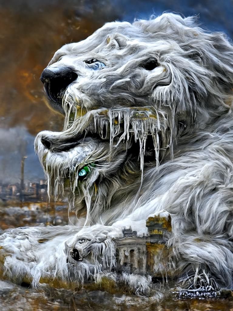 Icy Lion in Green Grass, Hyperrealistic Digital Art