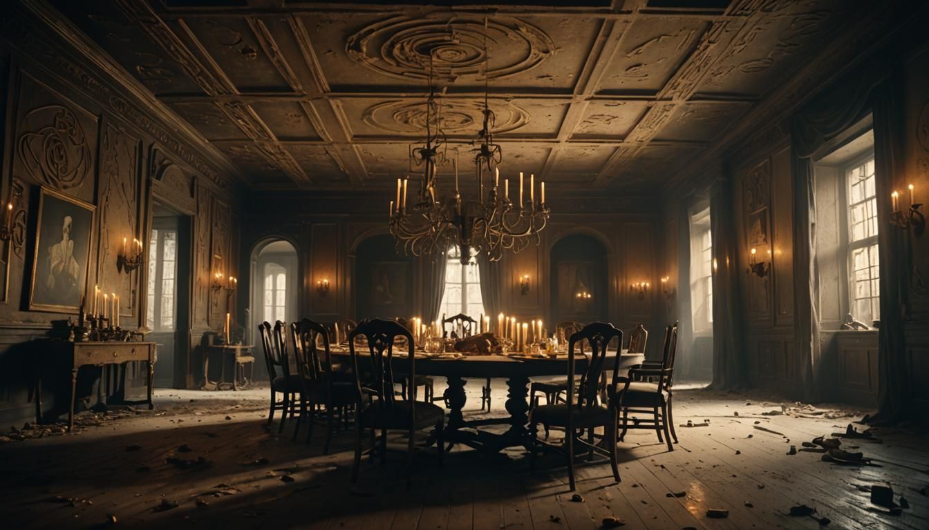 Eerie Abandoned Dining Room with Ghostly Figures