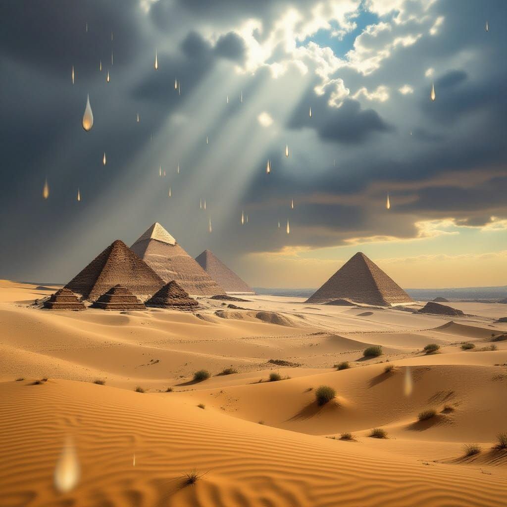 Desert Storm Approaching Giza Pyramids with Giant Raindrops