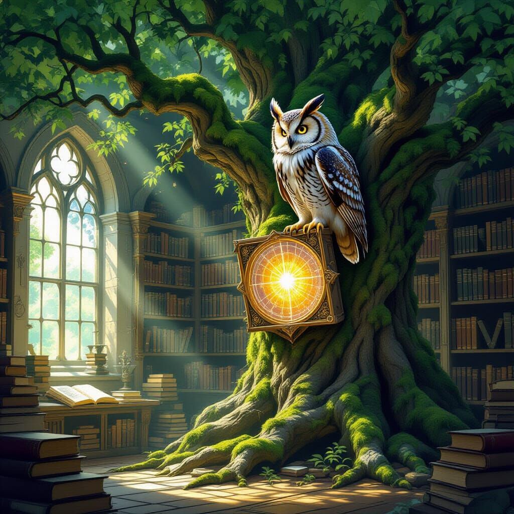 Wise Owl in Hidden Library Gazes at Celestial Map