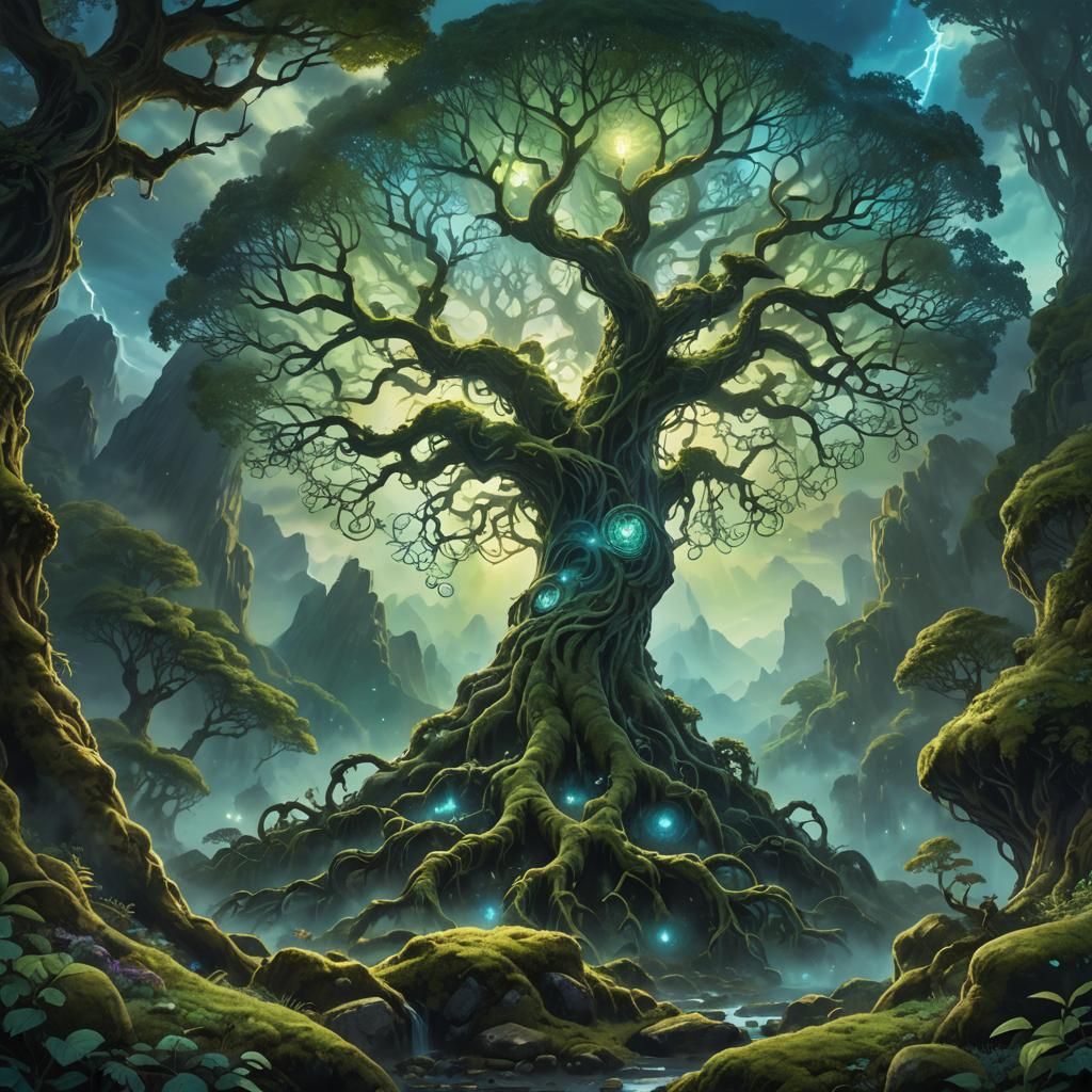 Mystical Glowing Tree in Fantasy Landscape