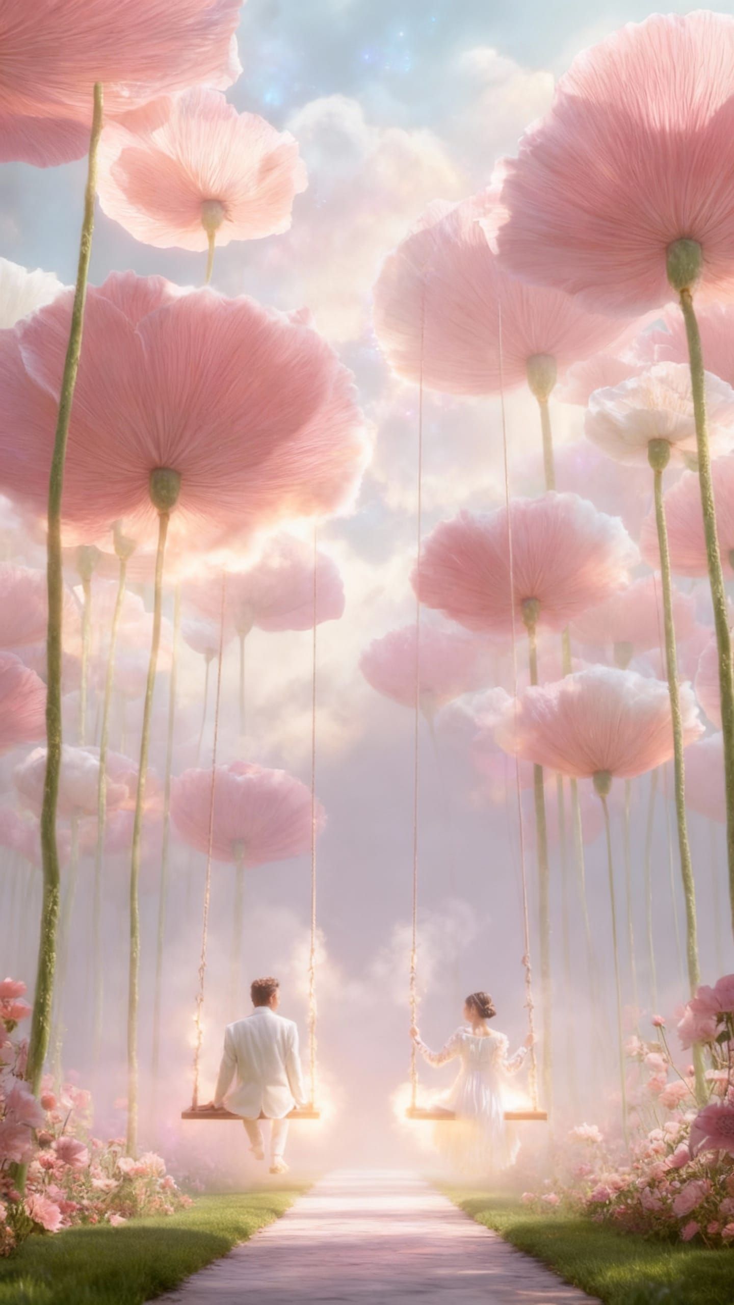 Surreal Dreamscape: Couples on Cloud Swings Amid Giant Poppi...
