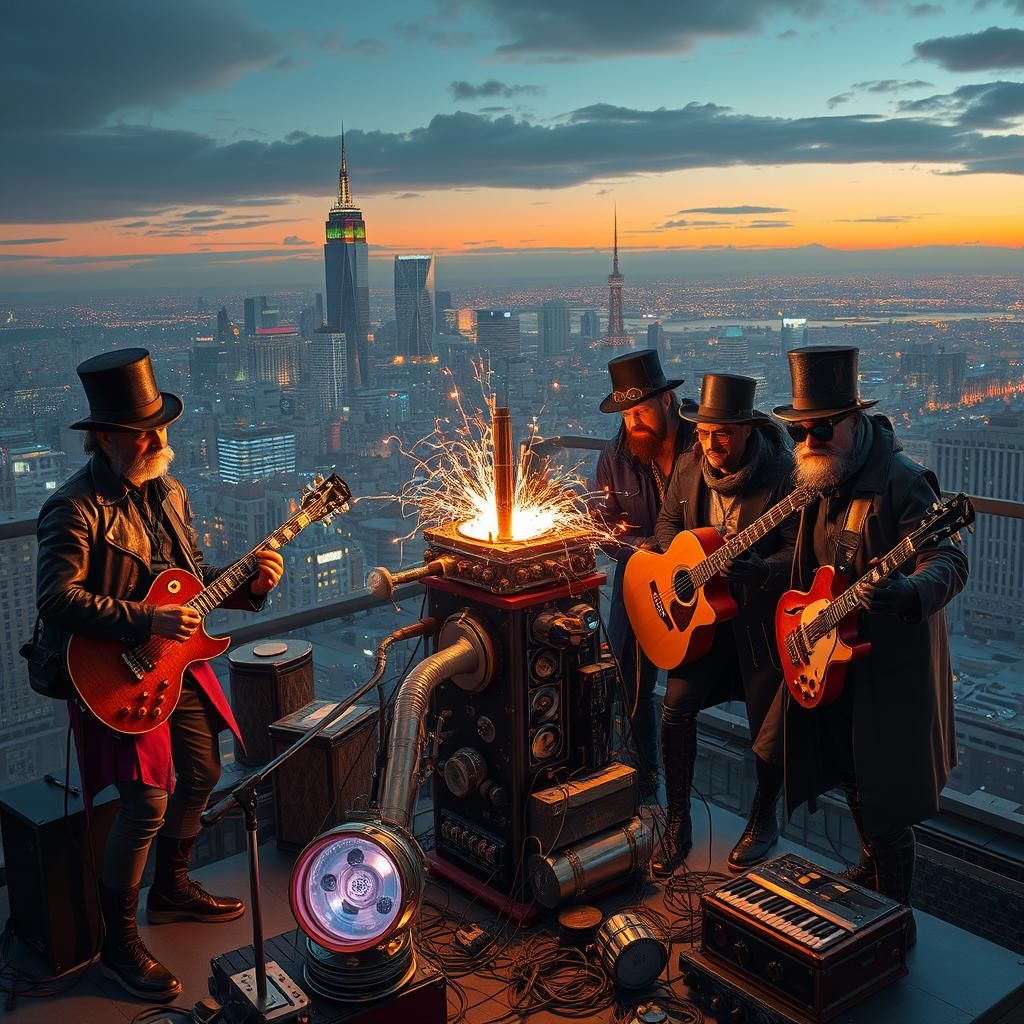 Steampunk Musicians in a Neon Cityscape