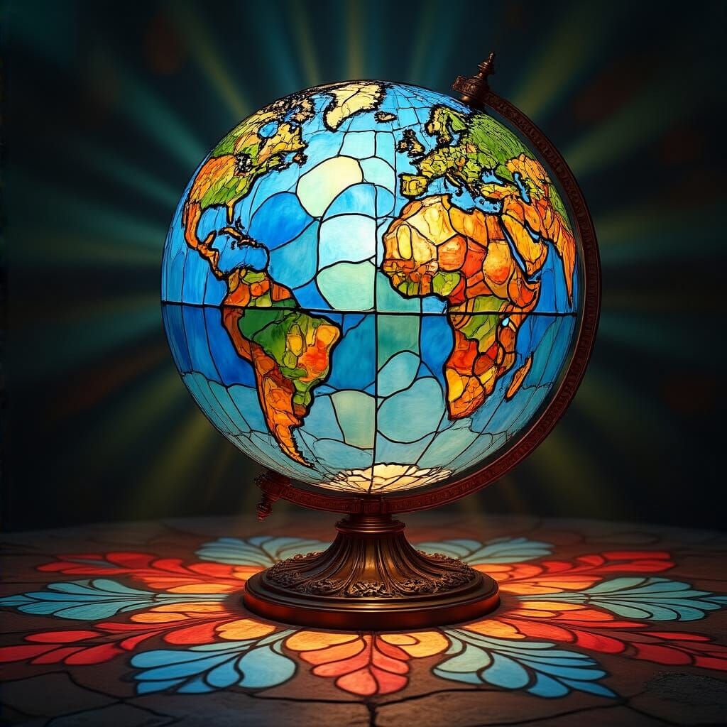 Stained Glass Earth Globe in Art Nouveau Style