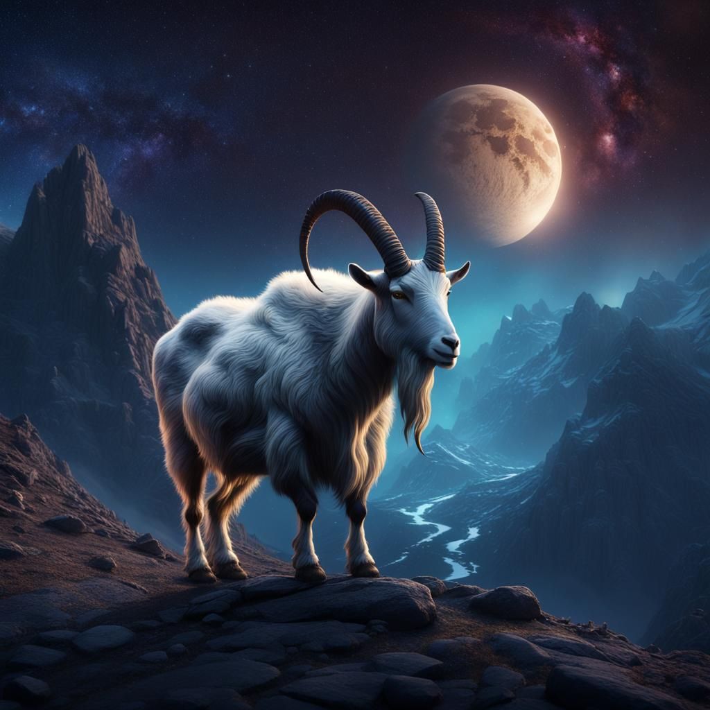 Mythological Capricorn Mountain Goat Under Stars
