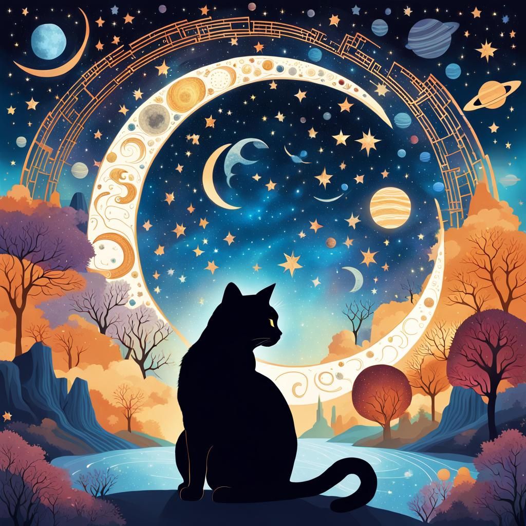 Cosmic Cat Silhouette in a Winter Landscape