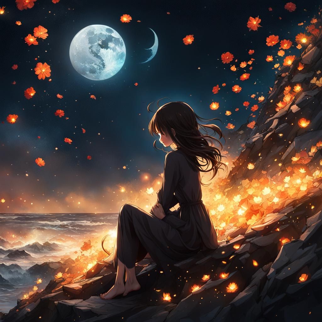 Noir Anime Girl Watching a Fiery Meteor Shower
