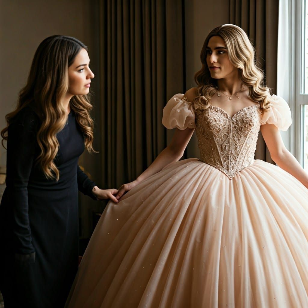 Woman Admires Quinceanera Skirt in Intimate Portrait