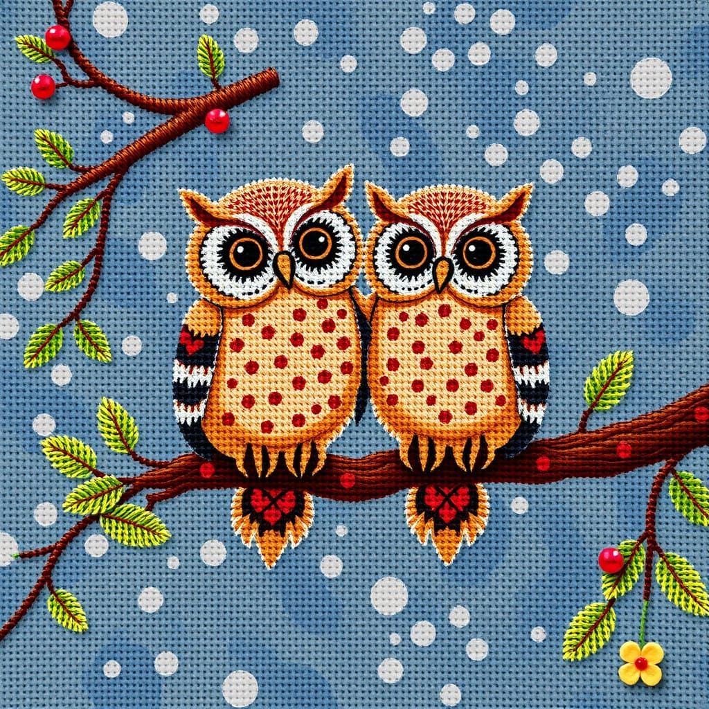 Anime-Inspired Needlepoint Art of Two Cuddly Owls Perched on...