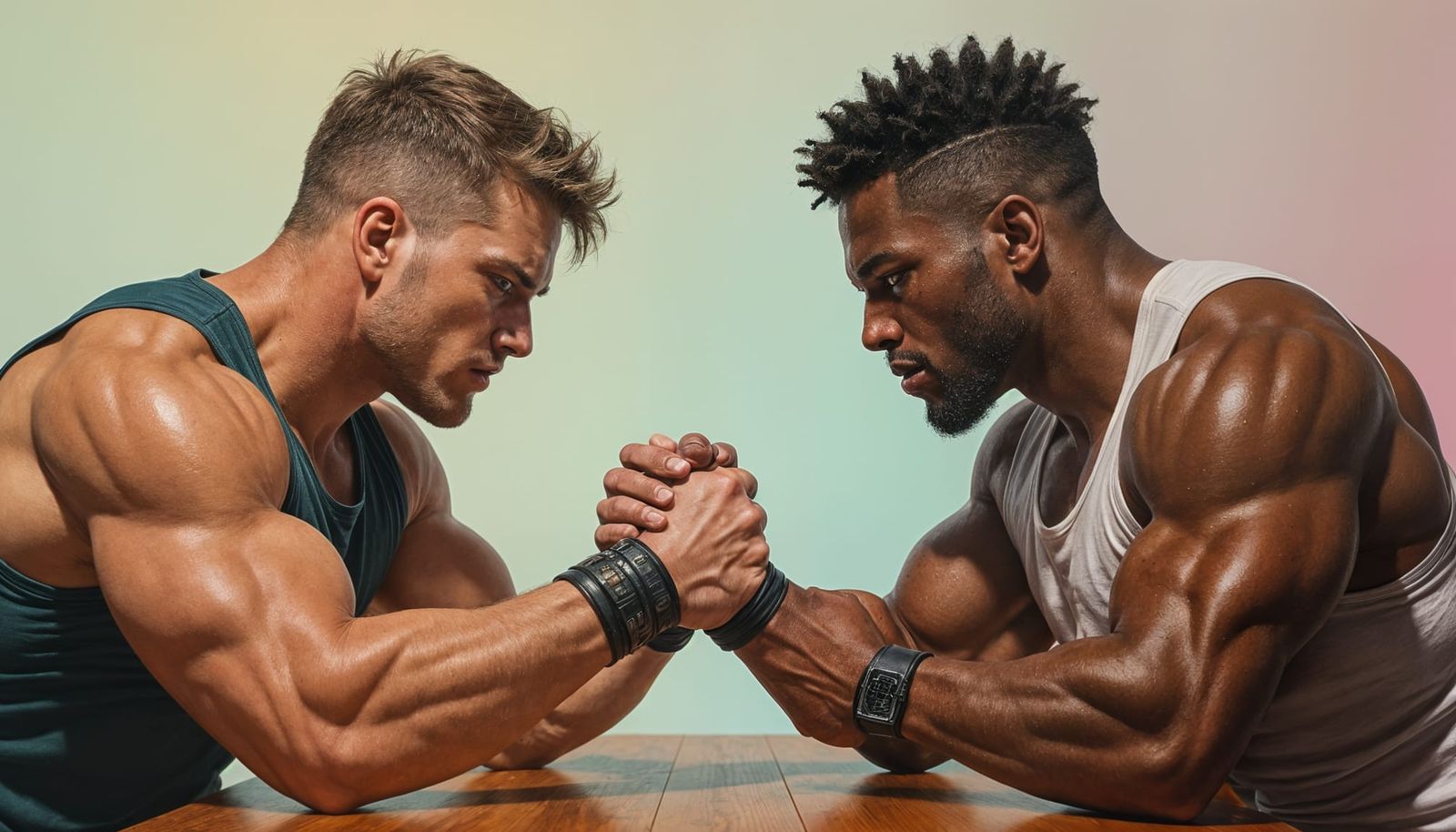 Intense Arm Wrestling Match in Hyperrealistic Style