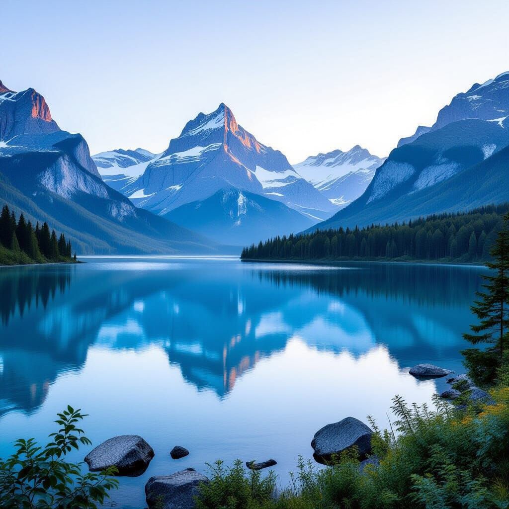 Ethereal Mountain Landscape with Lake and Waterfalls