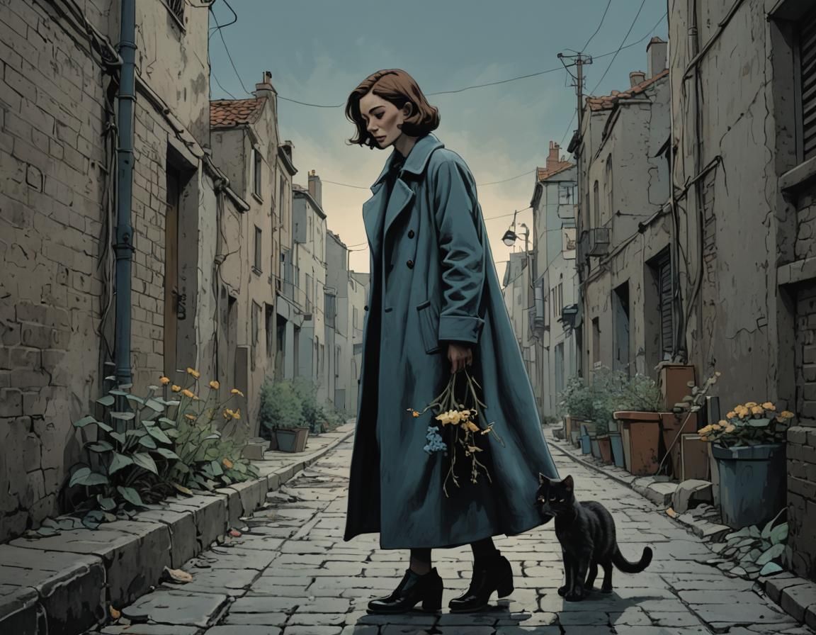 Dark, Depressing, "Ligne claire" woman flower cat