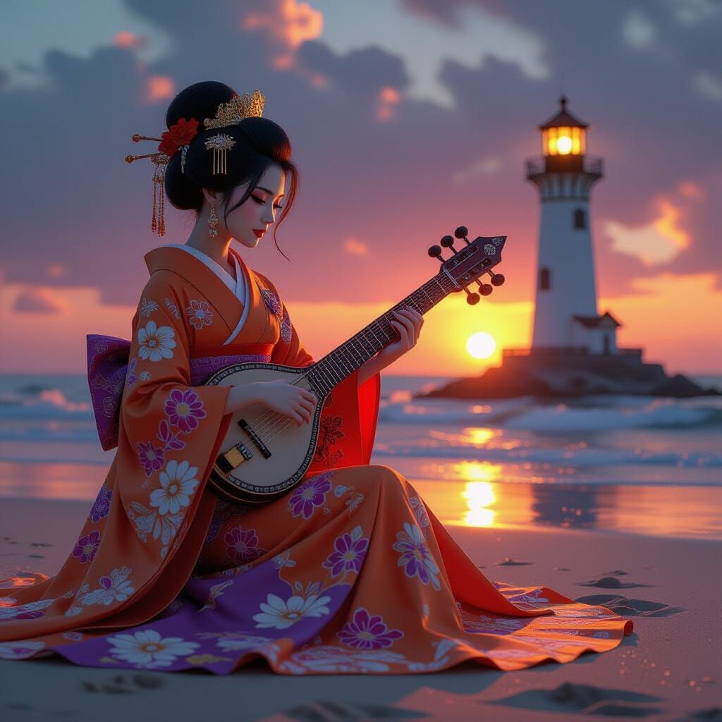 Japanese Princess playing sitar in beautiful kimono of orang...