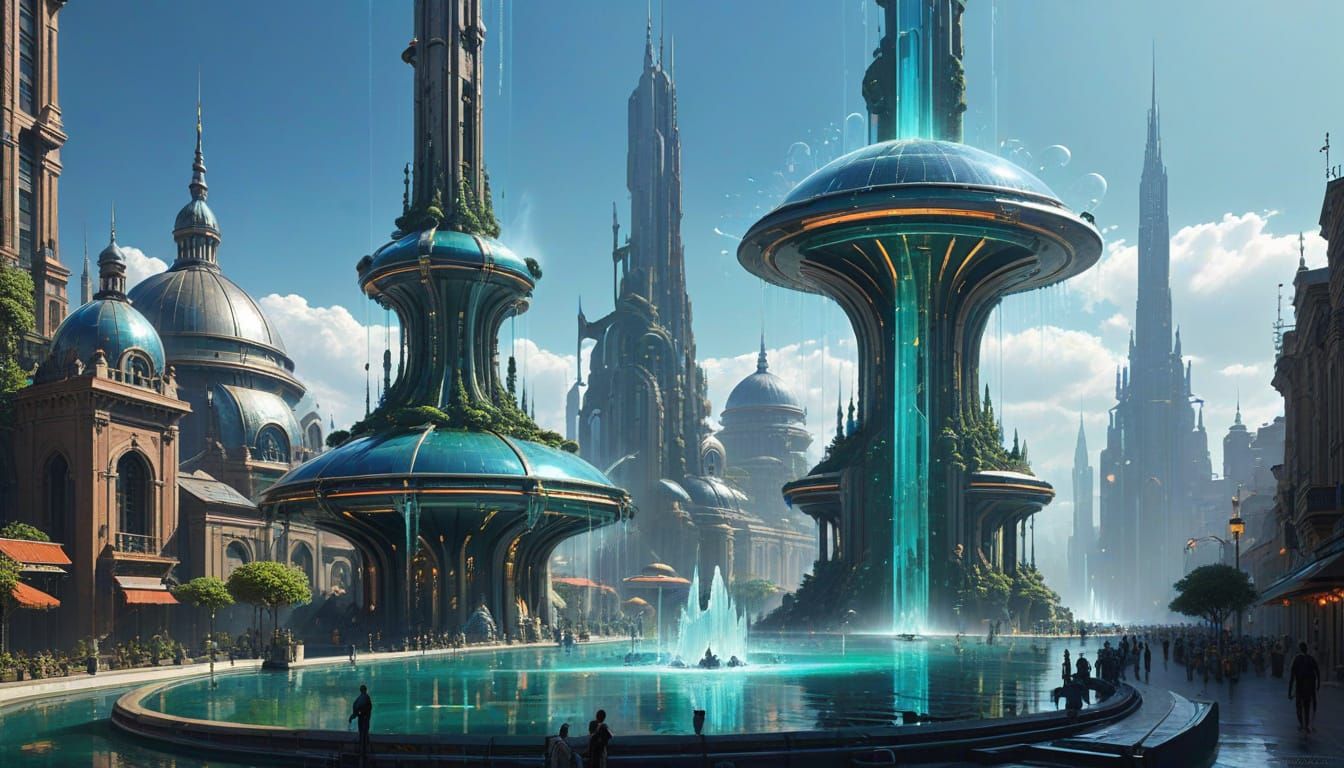 beautiful retrofuturistic solarpunk and atompunk and aetherpunk lush city of fountains fluid acrylic, subsurface scatter...