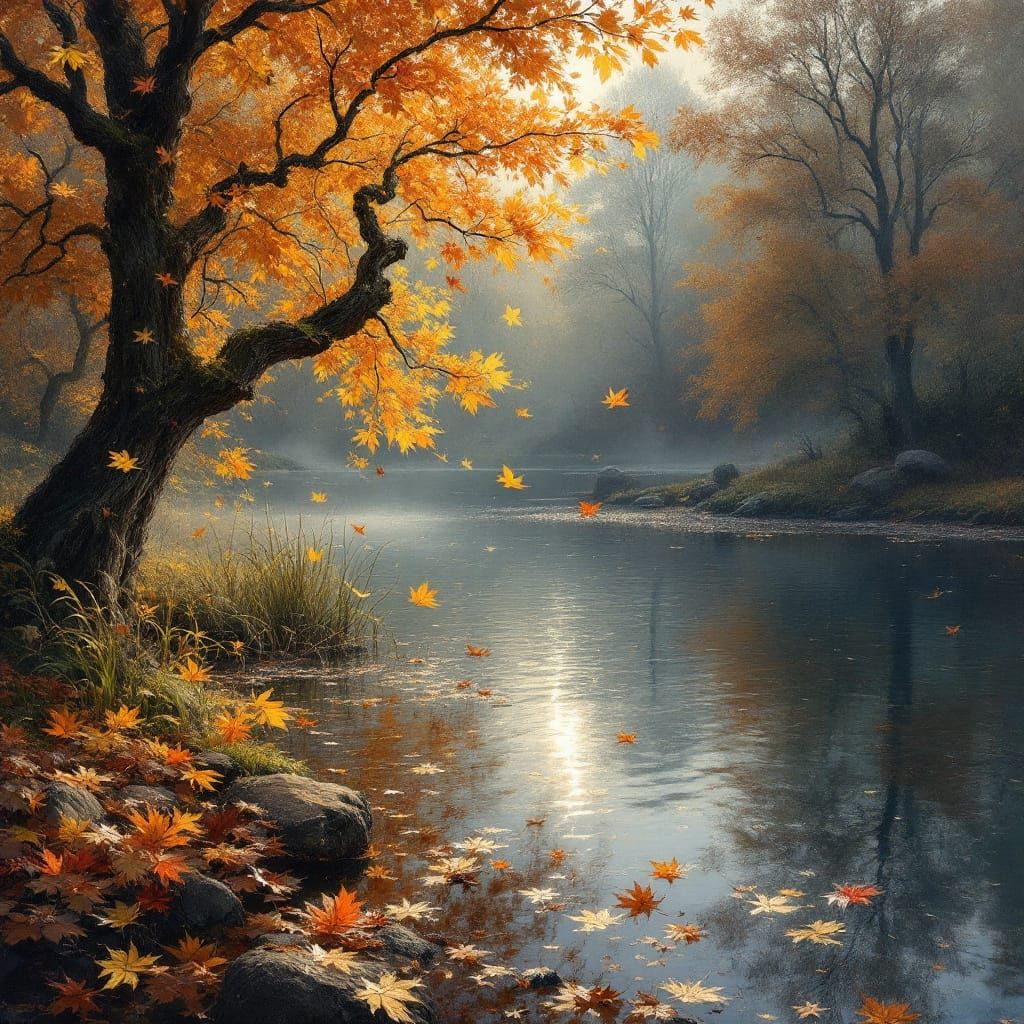Autumn Leaves Swirling in Pond, Hyper-Realistic Oil Painting