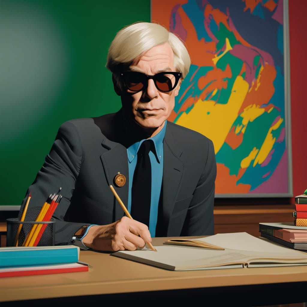 Hyperrealistic Teacher in a Classroom with Splash Art