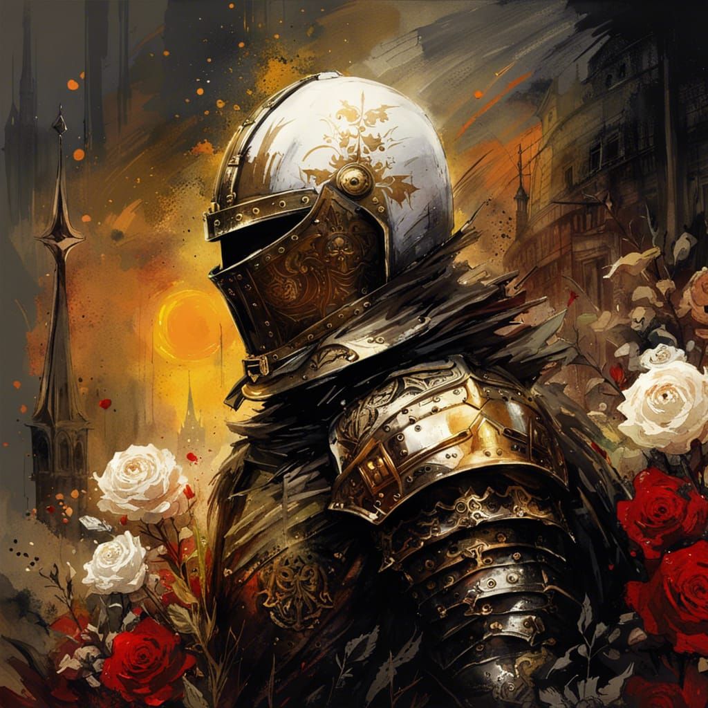 Gothic Knight in a Field of Roses, Gouache Style