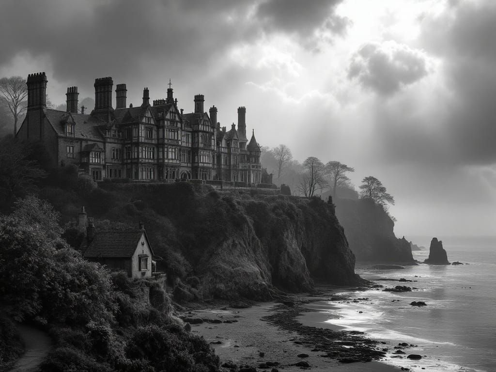 Majestic Tudor and Georgian Manor Amidst Foggy Cliffs