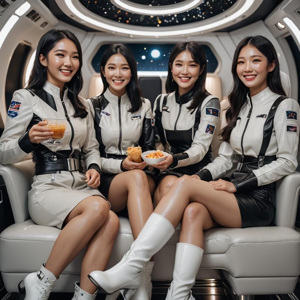 Three Korean Women in Spacecraft Lounge, Professional Portra...