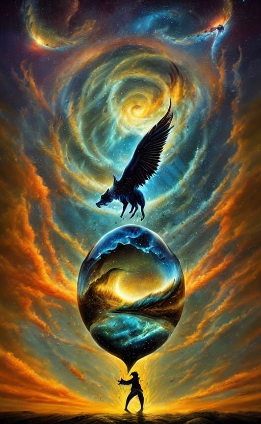 Majestic Puma With Fiery Plumage Soars Through Nebula Sky