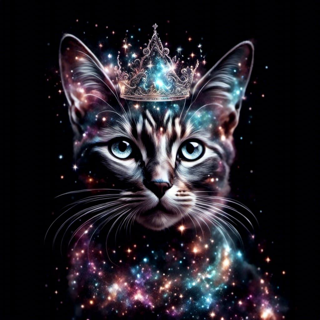 Metallic Cat with Crown in Starry Landscape