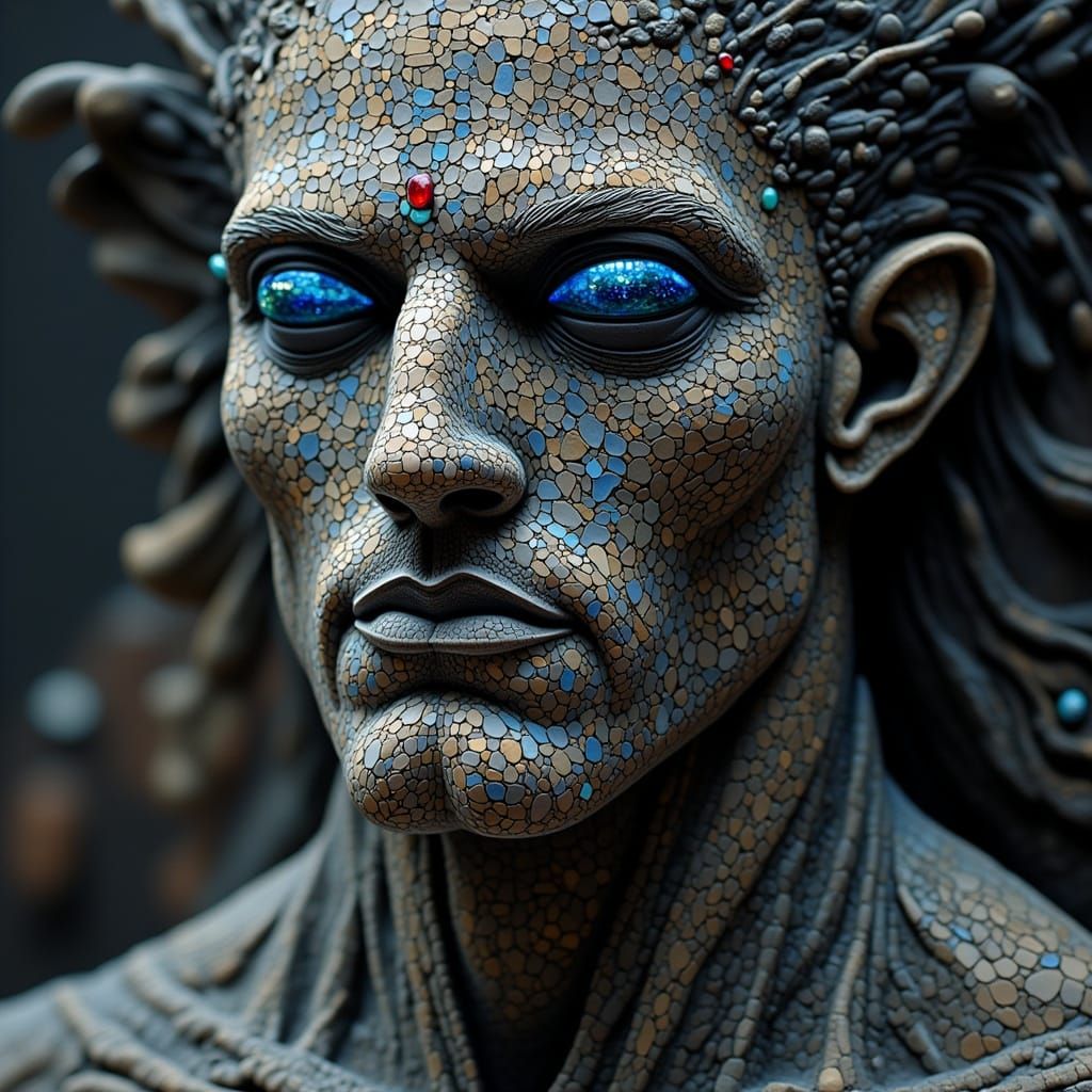 Stone Man Sculpture with Sapphire Eyes and Opal Nose