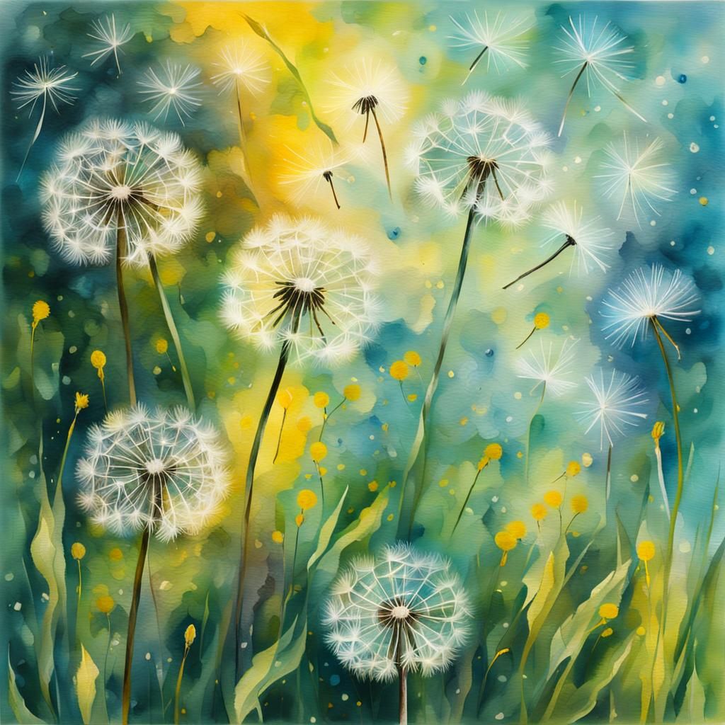 Dandelion Seeds Floating: Impressionist Gouache Watercolor