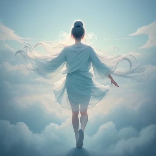 Ethereal Figure Floating in a Dreamy Sky