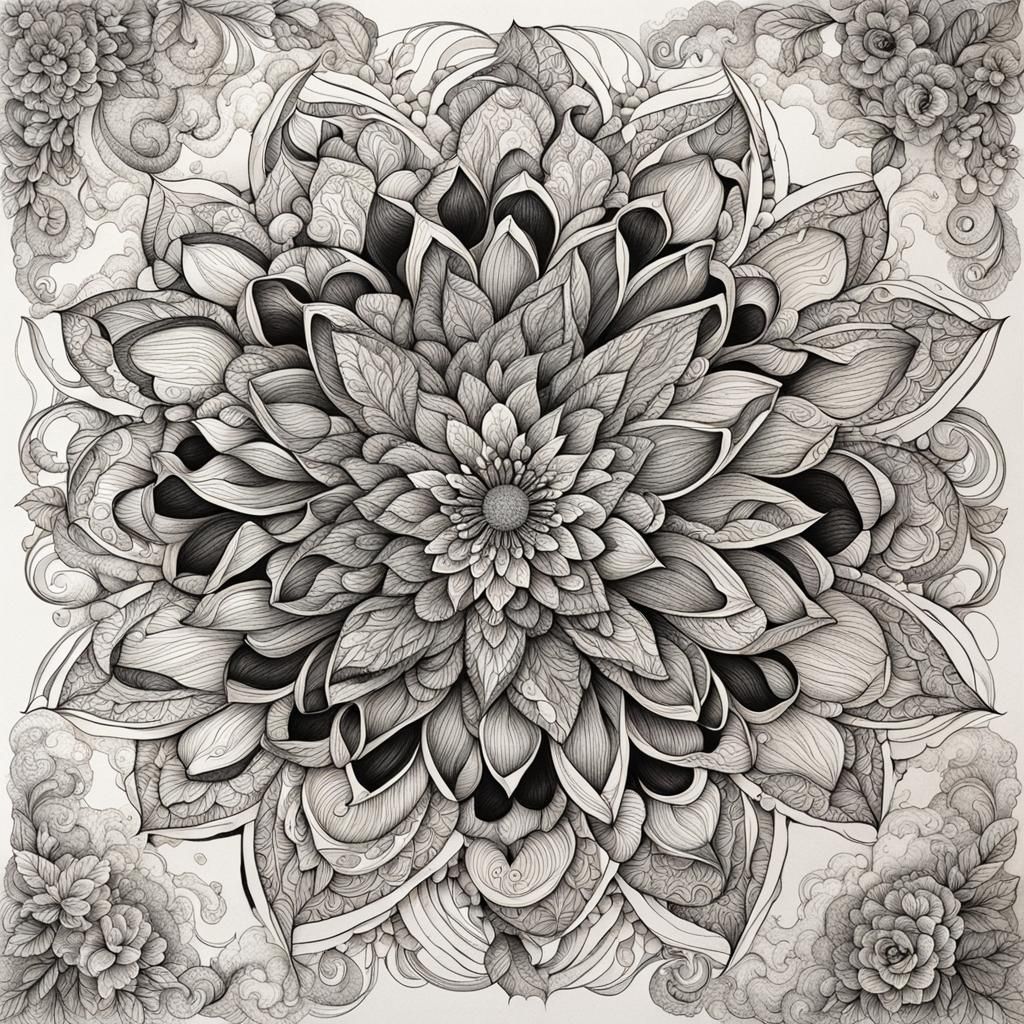 Intricate Flower Ink Drawing in Abstract Style