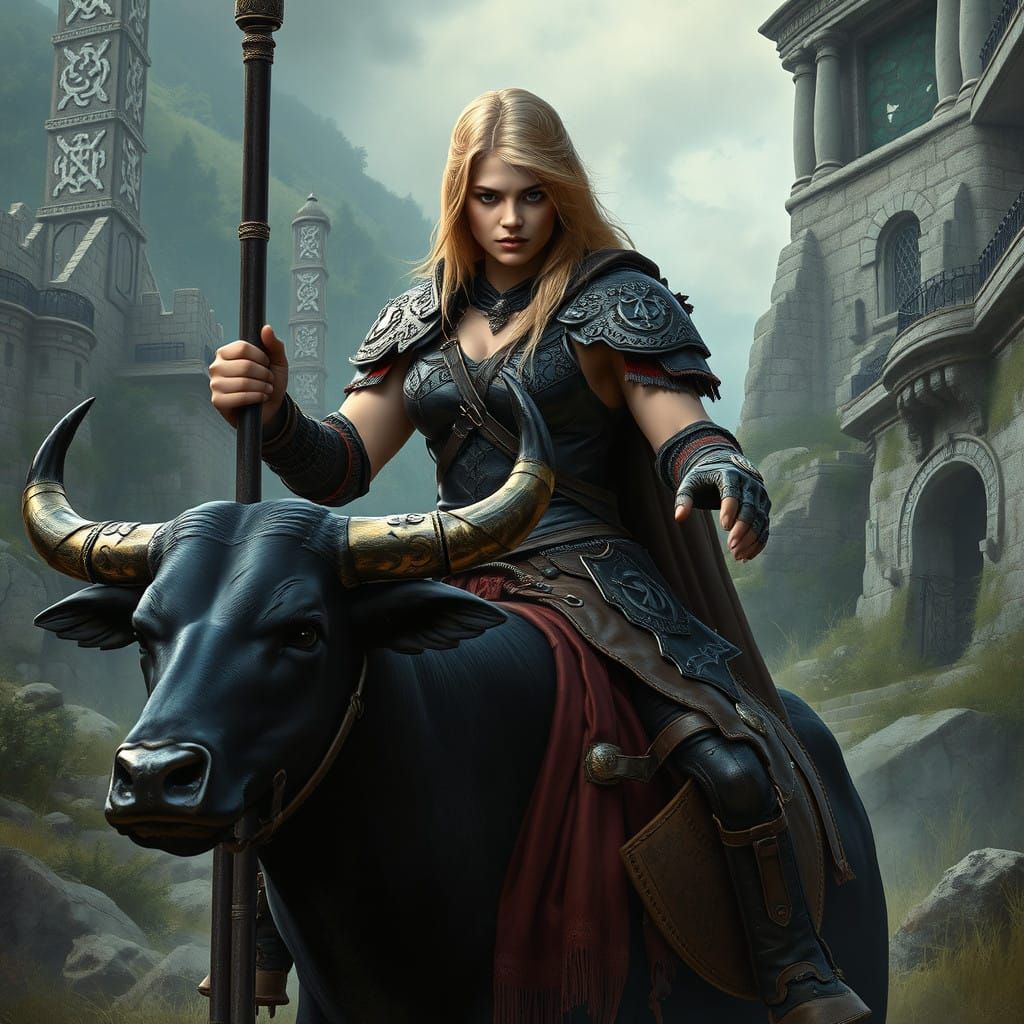 Fantasy Warrior Rides Mythical Bull in Ancient Ukrainian Lan...