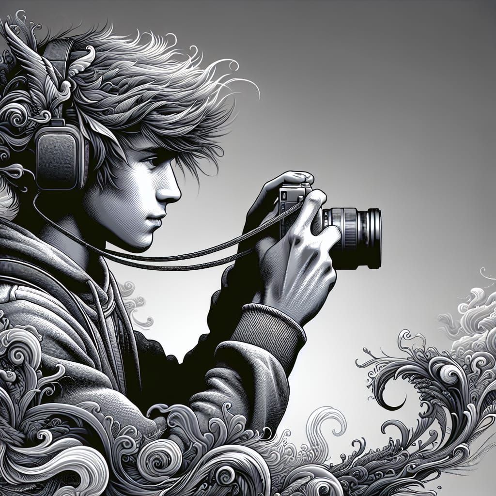 Grayscale Vector Art of Young Man Photographing
