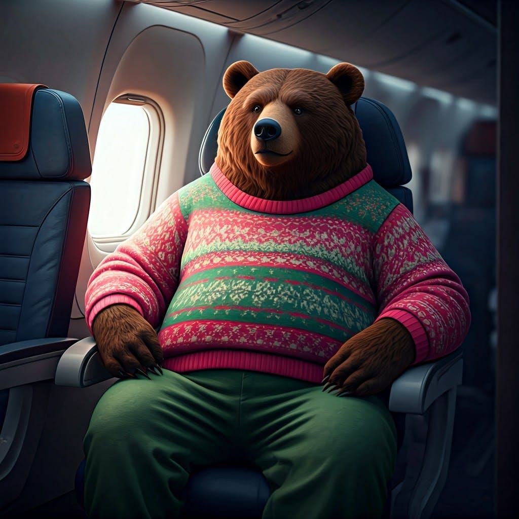 Bear on Airplane in Pink and Green, 3D Render