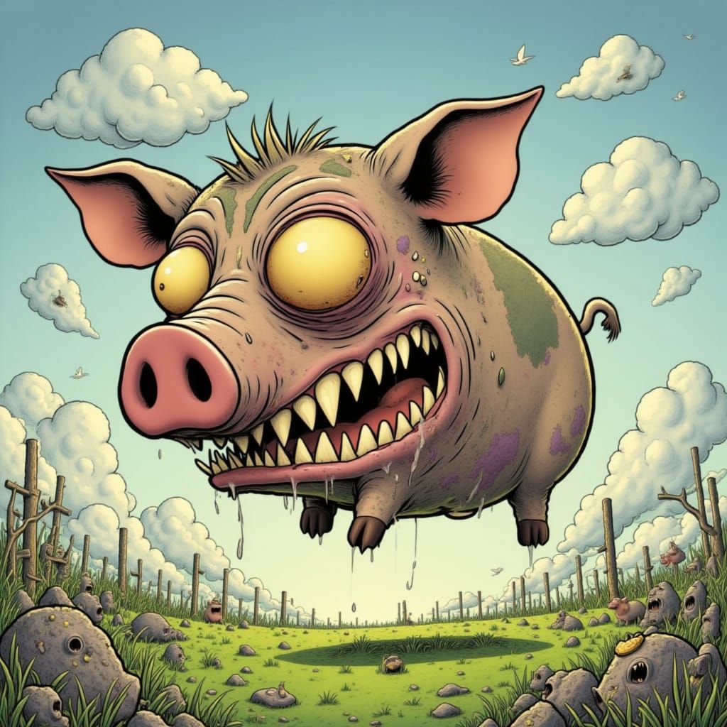 Whimsical Flying Pig Soars Through Dreamy Clouds