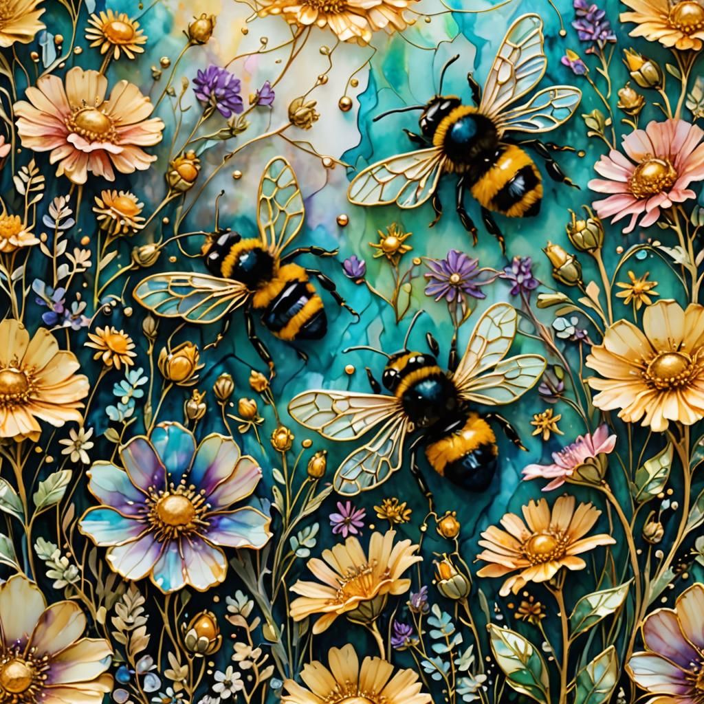 Iridescent Bumblebees in Wildflower Field, Alcohol Ink Art