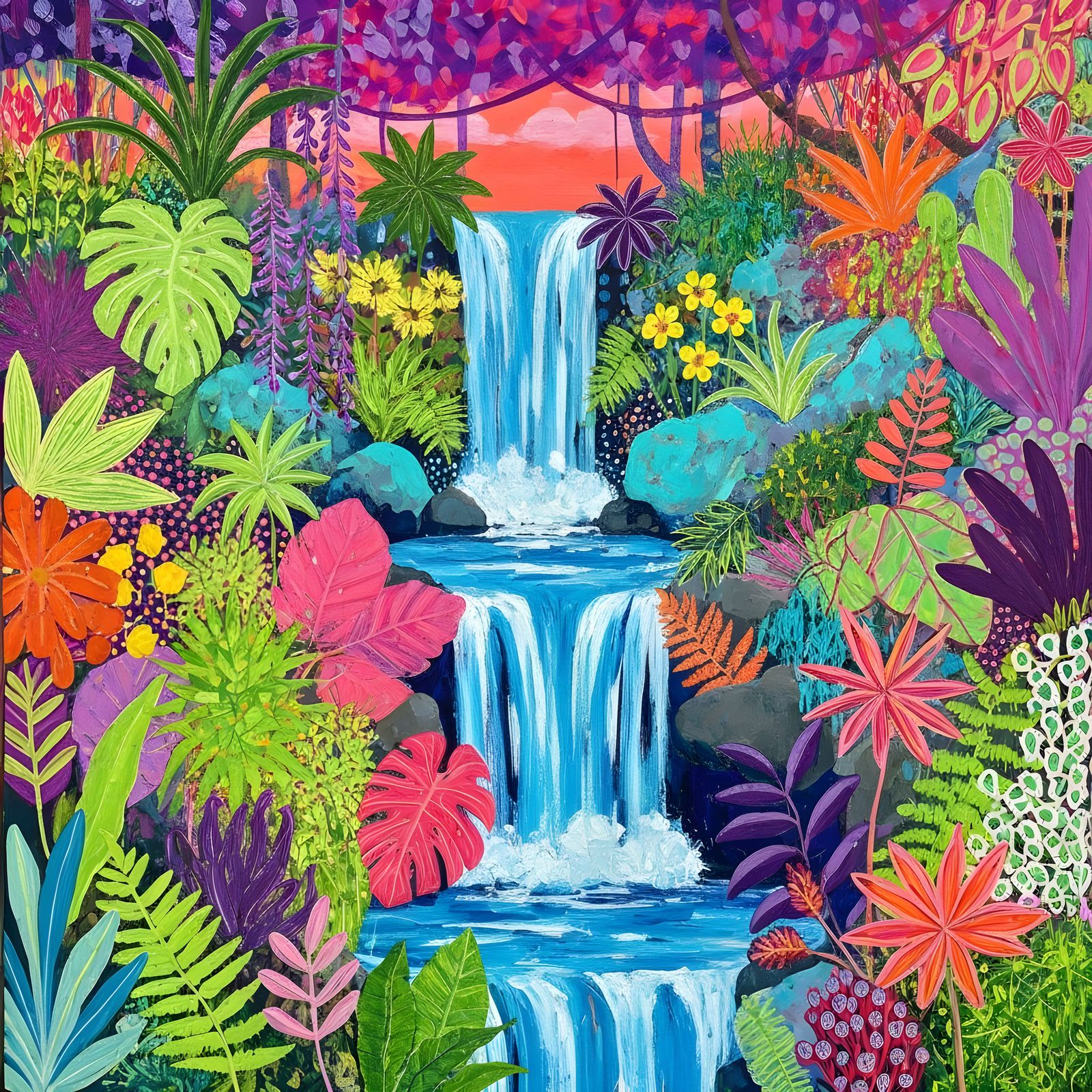 Vibrant Jungle Waterfall Painting with Maximalist Flora